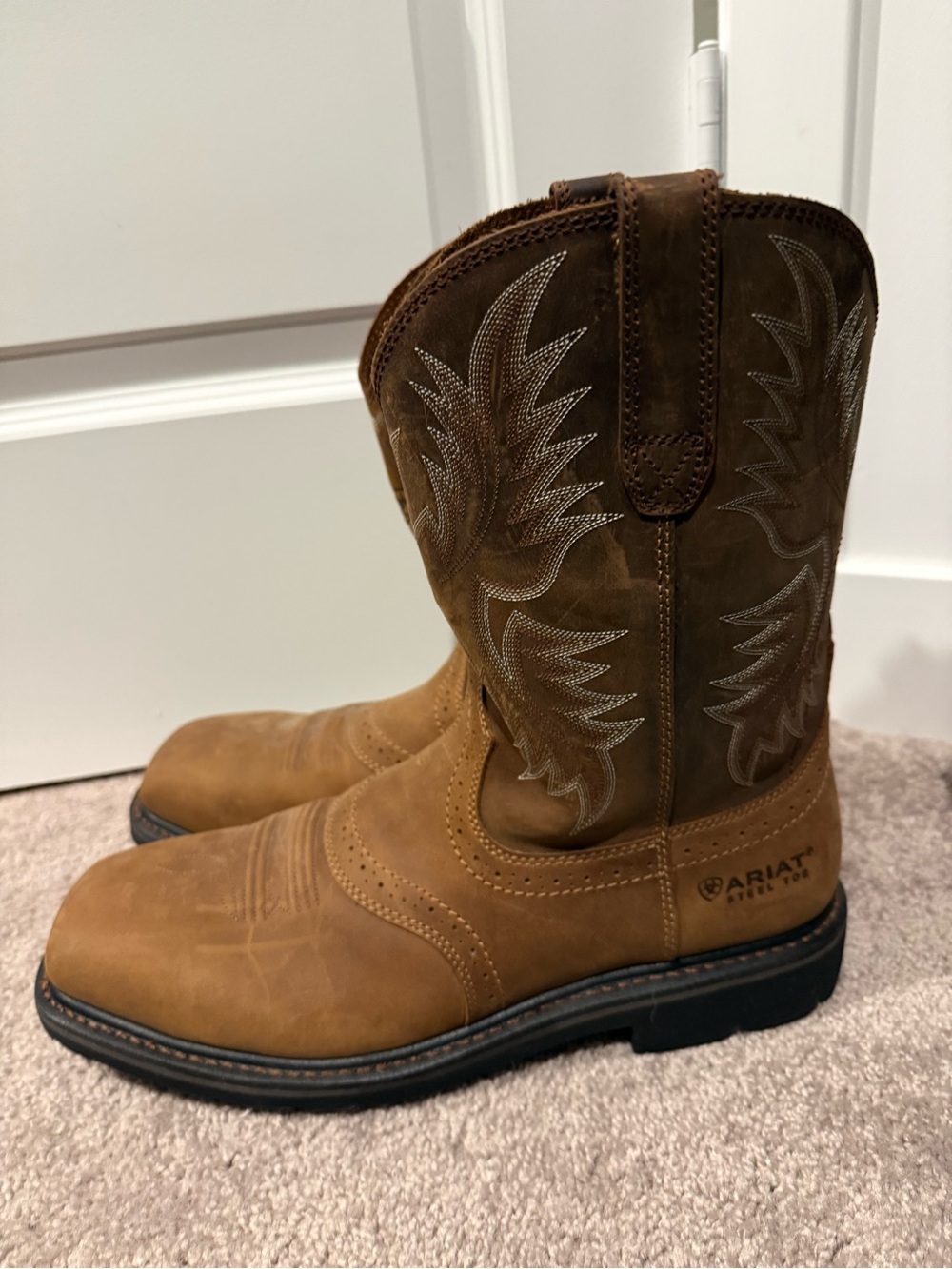 Ariat Brown Tan Western Work Boots with Embroidered Shaft